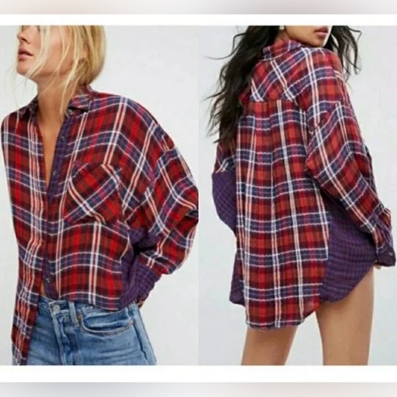 Free People Tops - Free People Red and Blue Plaid Shirt